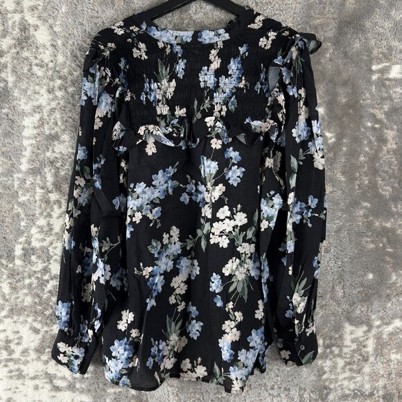 H&M Sz L Dark Floral Ruffle Blouse V-Neck Top Black Cottagecore - Picture 3 of 8